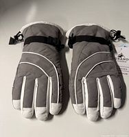 Front view of pair of grey and white Grand Sierra gloves with hang tag