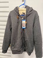 Front view of grey Buffalo David Bitton hoodie with tags attached