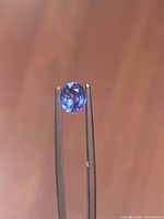 Front view of oval sapphire held by tweezers