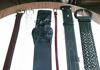 Six belts laid out showing buckles and widths