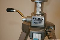 Close-up of Velbon Studio Pro Model A–G badge on tripod column