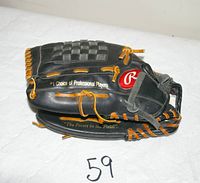 Side view of Rawlings black glove showing logo, lacing, slogan and model number tag 59 visible