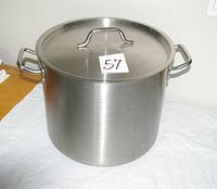 Full view of aluminum stock pot with lid on