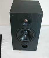 Front view with grille removed showing tweeter, woofer and bass port