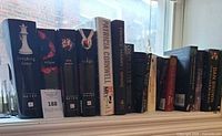 Full lineup of books on windowsill