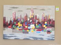 Front view of abstract cityscape painting on canvas