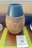 Full view of vase front showing geometric design and glazed collar