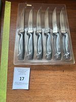 Front view of six stainless steel steak knives in sealed plastic packaging