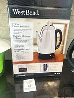 Retail box front displaying West Bend 12-cup electric percolator