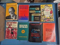 Overview of seven books laid out on blue surface