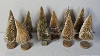 Front view of nine flocked sisal Christmas trees on wood bases