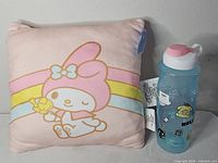 Pillow and water bottle together for scale and completeness