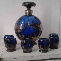 Full view of decanter and six glasses showing design and quantity