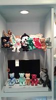 Overall view of LG TV screen and Beanie Babies on shelving