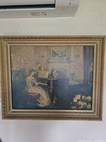 Full view of framed acrylic painting depicting woman at piano and child with violin