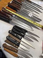 Line-up of assorted knives with tape measure for scale