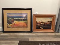 Both paintings shown side by side, large dark framed painting on left and smaller wooden framed painting on right