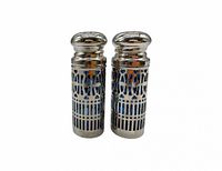 Front view pair of silver overlay cobalt glass shakers