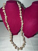 Full view of seashell bead necklace on display busts