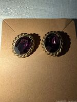 Front view of both earrings showing purple stones and gold-tone rope setting