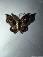 front view of gold-tone butterfly brooch with enamel wings
