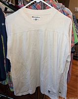 Front view of cream Champion long sleeve T-shirt on hanger