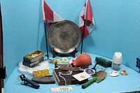Group shot of tray, flags, razor, pump, paddle, air freshener, poker chips and other small items