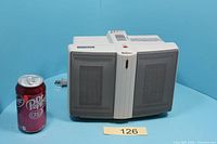 Front view of Holmes twin ceramic heater beside soda can for scale