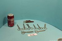 Full lot view showing nine pairs of scissors, leather sheath, and scale can