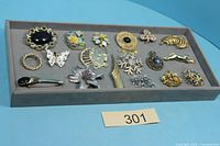Entire tray showing 18 brooches arranged in three rows