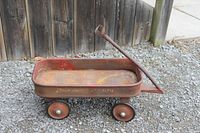 Side view of entire metal wagon with handle and wheels visible