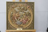 Front view of framed square tapestry showing entire pastoral scene and frame
