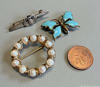Group shot of all three brooches with scale coin