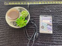 Top view of Scentsy warmer with faux succulents, power cord, and sealed wax melt pack next to measuring tape