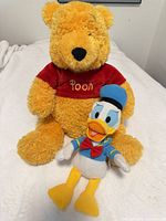 Pooh and Donald plush toys side by side on white surface