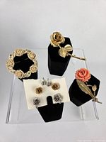 All brooches and earrings grouped on display stands