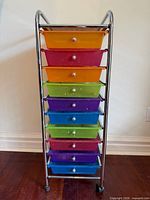 Full front view of chrome frame cart with ten coloured drawers