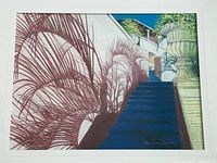 Full view of framed pastel painting depicting stairway, planter, palm shadows, signature visible