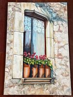 Full view of oil painting showing entire window, stone wall, flower pots