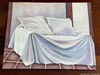 Full view of signed 30" x 24" unframed still life painting on canvas