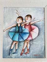 Full view of signed Joyce Roybal oil painting showing two ballerinas