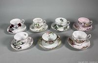 Group shot of all seven teacup and saucer sets