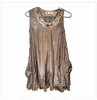 Front view of bronze metallic sleeveless tunic dress with studded neckline on hanger