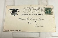 Full address side of postcard showing stamp, cancel and handwriting