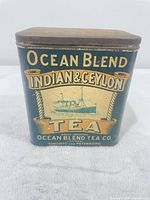 Front of Ocean Blend Tea tin showing main label and ship graphic