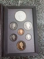 Open case displaying seven proof coins