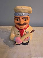 Front view of chef-shaped cookie jar holding rolling pin