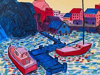 Full view of harbor scene painting
