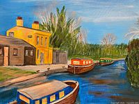 Close-up left section of painting showing yellow house, boats and waterway