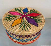 Top view showing floral yarn motif on lid
